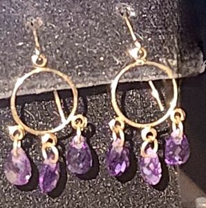 Amythest Briolette  Cut Dangle Earrings Set In 14kt Yellow Gold